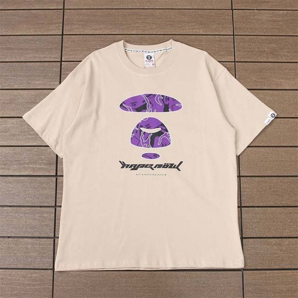 AAPE Purple Ape Head Lettering Logo T-Shirt - Cream Short Sleeve